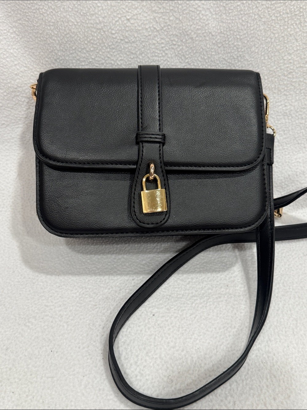 Women's Black Leather Crossbody Bag with Gold Lock